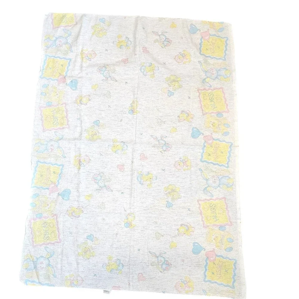 Vintage Baby Receiving Blanket Pastel Animals Hugs Kisses Bunny Kitty Dog Hearts